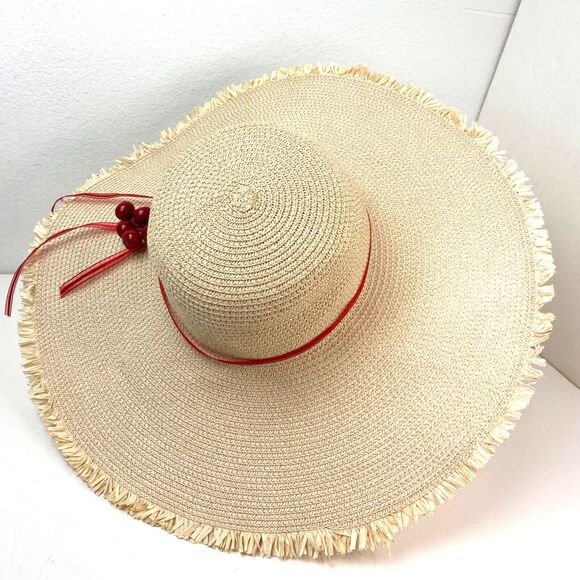 Wide Brim Straw Grass Woven Sun Hat with Cherries Womans Beach Boho Peasant - Picture 5 of 13